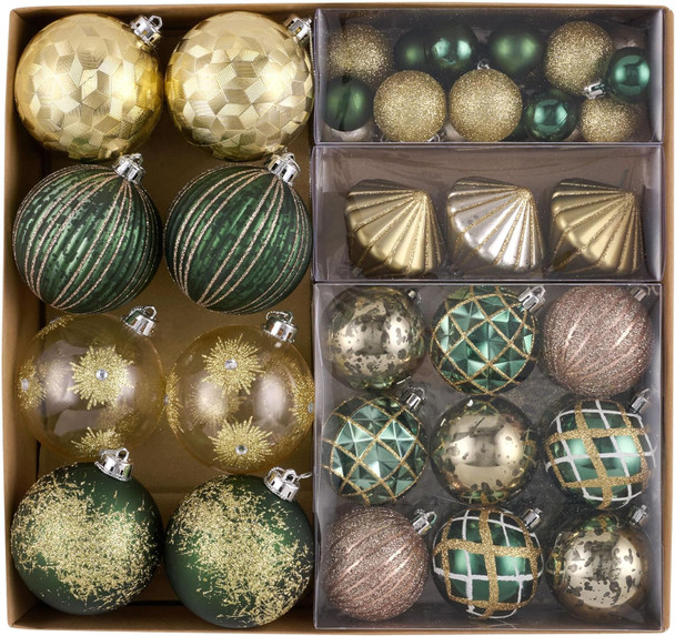 DecorbyHannah 60ct Christmas Ornaments Set, Green Gold Christmas Tree Decorations, Shatterproof Decorative Geometric Christmas Ball Ornaments for Xmas Tree, Modern Home Décor (Value Pack)