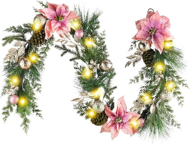 Decorbyhannah Christmas Poinsettia Garland with Lights, 6ft Lighted Artificial Greenery Garland Christmas Decorations with Pink Gold Ornaments, Battery Operated Christmas Garland Indoor for Mantle