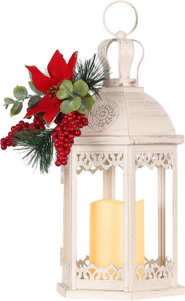 DECORKEY Christmas Decorations for Home, Decorative Christmas Lantern Indoor Outdoor Decor, Metal Hanging Candle Holder with LED Candle&Floral Accents for Table Centerpieces, Patio, Patio