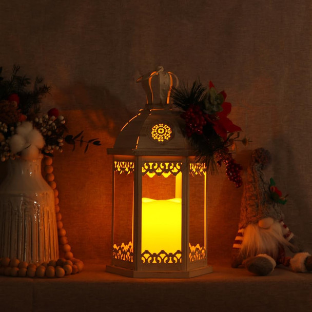 DECORKEY Christmas Decorations for Home, Decorative Christmas Lantern Indoor Outdoor Decor, Metal Hanging Candle Holder with LED Candle&Floral Accents for Table Centerpieces, Patio, Patio