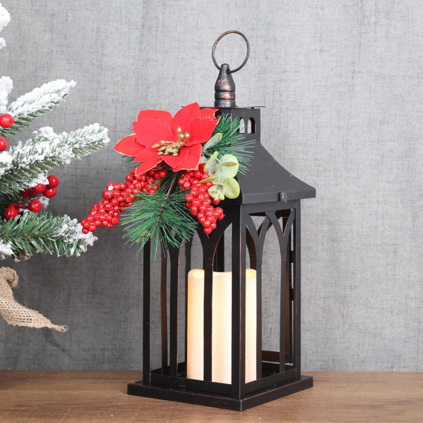 DECORKEY Christmas Decorations for Home, Decorative Christmas Lantern Indoor Outdoor Decor, Metal Hanging Candle Holder with Xmas Teardrop Wreath and LED Candle for Table Centerpieces, Patio (Black)