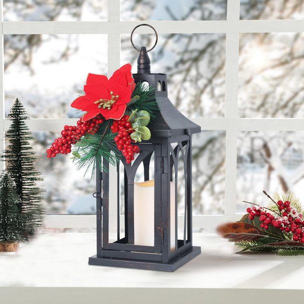 DECORKEY Christmas Decorations for Home, Decorative Christmas Lantern Indoor Outdoor Decor, Metal Hanging Candle Holder with Xmas Teardrop Wreath and LED Candle for Table Centerpieces, Patio (Black)
