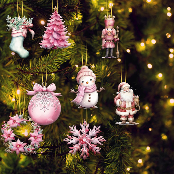 24pcs Pink Christmas Wooden Ornaments Christmas Snowman Santa Elk Garland Wood Decors Christmas Haniging Ornaments Pendants with Ropes for Christmas Tree Home Decor