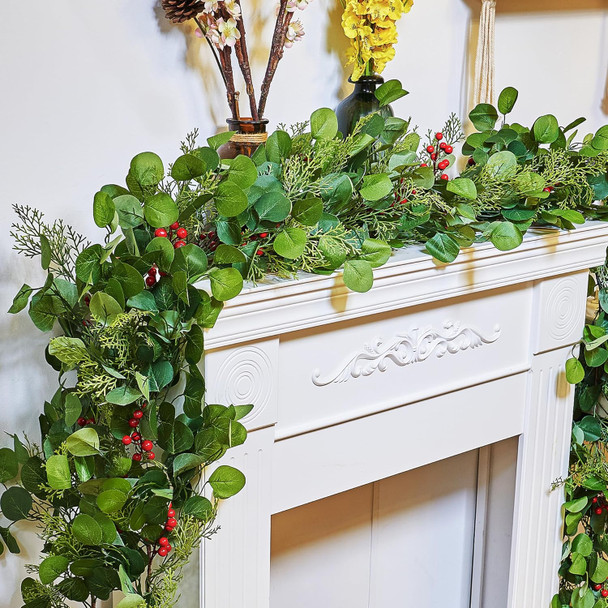 9Ft Christmas Garland, Artificial Eucalyptus Cedar Garland with Red Berry, Faux Cypress Realistic Greenery Garland for Table, Stairs, Porch, Mantle, Fireplace, Indoor Outdoor Christmas Decorations