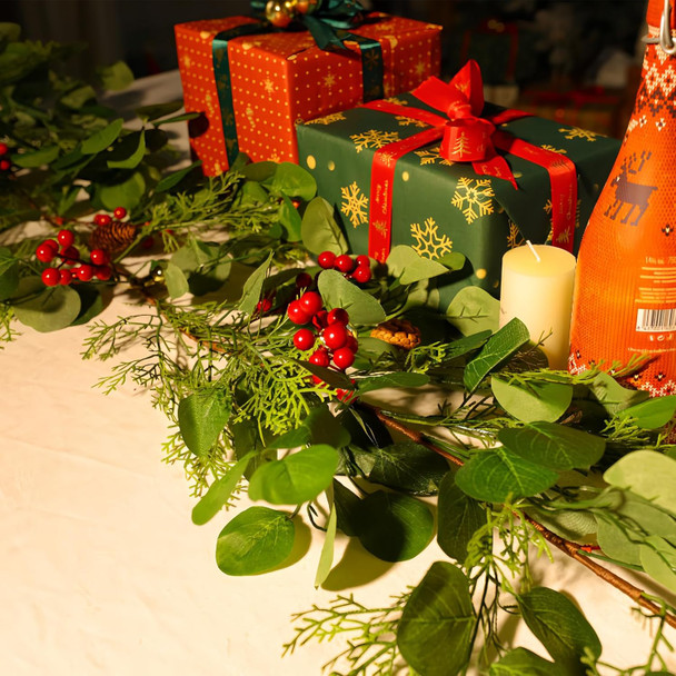 9Ft Christmas Garland, Artificial Eucalyptus Cedar Garland with Red Berry, Faux Cypress Realistic Greenery Garland for Table, Stairs, Porch, Mantle, Fireplace, Indoor Outdoor Christmas Decorations