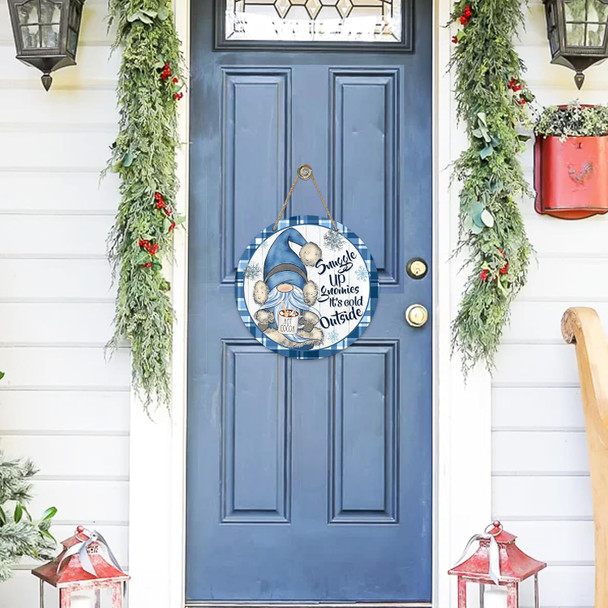 Deroro Winter Snuggle Up Gnomies It's Cold Outside Front Door Sign, Blue Gnome Plaid Farmhouse Wood Door Hanger Outdoor Porch Decor, Snowflake Christmas Wooden Wreath Indoor Wall Hanging Decoration
