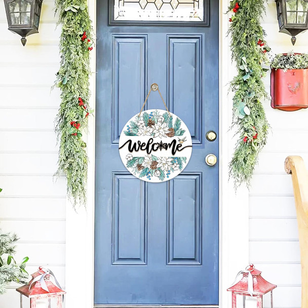 Deroro Welcome Winter Pine Branches Front Door Sign, White Poinsettia Pine Cone Snowflake Wood Door Hanger Outdoor Outside Porch Decor, Christmas Garland Wooden Wreath Indoor Wall Hanging Decoration