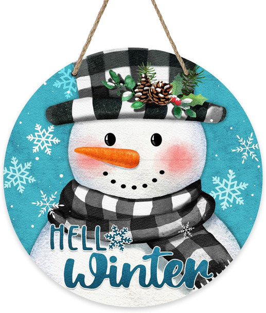 Deroro Hello Winter Snowman Blue Front Door Sign, Buffalo Plaid Check Snowflakes Wood Door Hanger Outdoor Outside Porch Decor, Christmas Holiday Seasonal Wooden Wreath Indoor Wall Hanging Decoration