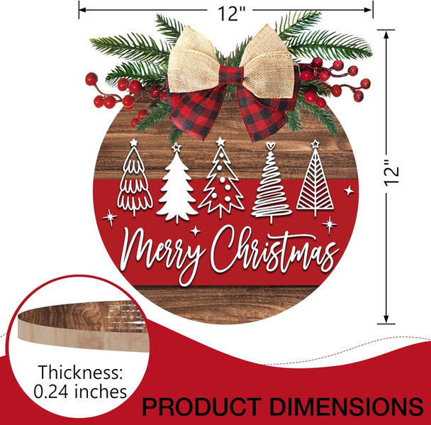 Deroro Merry Christmas Tree Front Door Sign, Xmas Holiday Farmhouse Wood Door Hanger Outdoor Outside Porch Decor, Rustic Wooden Wreath with Plaid Bow Red Berry Indoor Wall Hanging Decoration