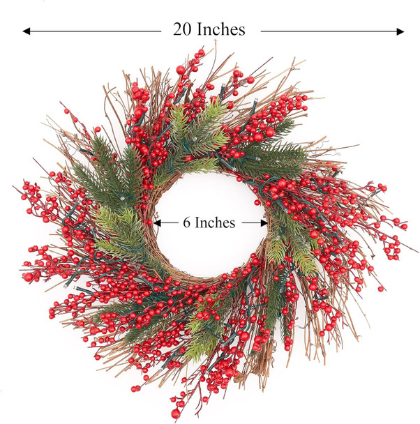 Pre-Lit Christmas Wreath 20 Inches Small Light Timer Artificial Pine Berries Xmas Decorations for Front Door Holiday Fireplace Wall Window Decor