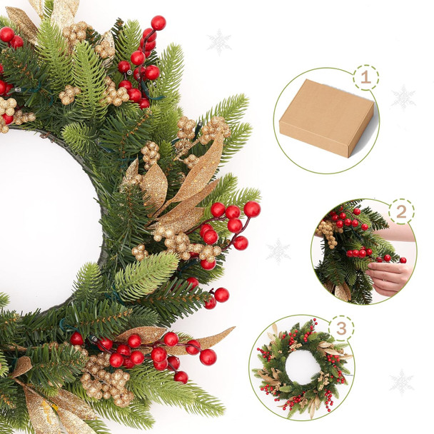 Christmas Small Wreath for Front Door 20 Inches Pre-Lit Timer Pine Xmas Artificial Garland Decorations Holiday Fireplace Wall Window Indoor Outdoor Decor