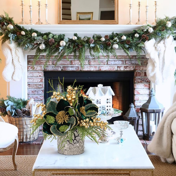 12 inch Green Christmas Table Centerpiece 5" Glitter Magnolia Flower and Golden Berries Fir Greenery Artificial Christmas Floral Centerpiece in Ceramic Pot Christmas Tabletop Arrangement Decor