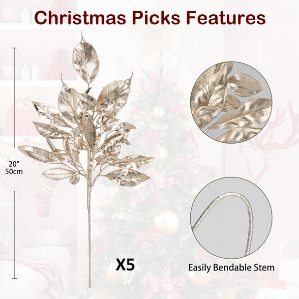 5 Pcs Fake Leaves Plants for Christmas Decor 20 Inch Metallic Gold Artificial Magnolia and Bay Leaves Faux Tropical Leaves with Stems for Holiday Decor Christmas Mantle Garland Wreath - Champagne