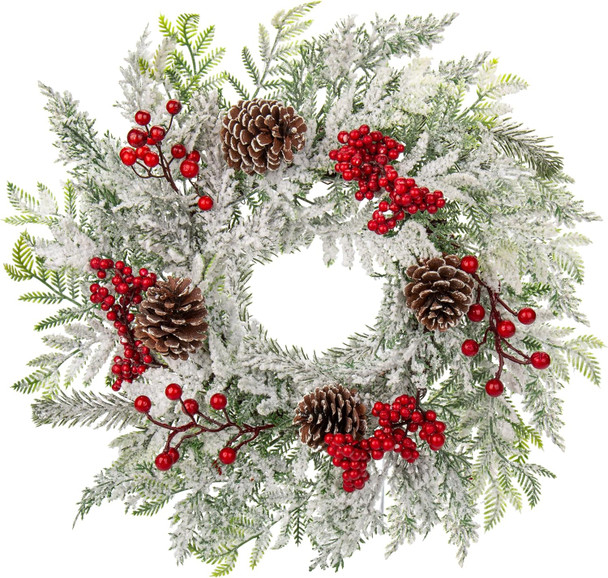 Christmas Wreath, 18 Inch Flocked Snow Wreath with Frosted Branches, Berries and Pine Cones for Front Door Decoration Indoor Window Wall Fireplace Xmas Décor