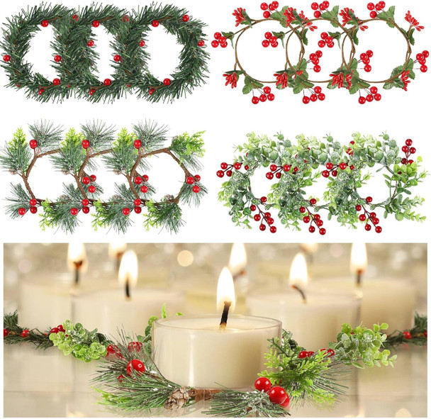 12 Pcs Christmas Candle Rings Simulation Colored Berry Candle Garland with Pine Cones Candelabra Candle Holder Candle Rings Wreaths Dining Table Centerpiece for Xmas Party Table Decoration, 4 Styles