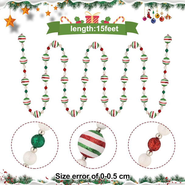 Dingion 15 Feet Peppermint Christmas Tree Bead Garlands Christmas Candy Cane Garlands Christmas Tree Balls Ornaments Xmas Tree Beads for holiday Fireplace Party Decorations (Vivid Ball)