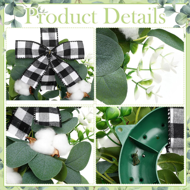 Dingion 2 Pcs 10" Christmas Kitchen Cabinet Wreaths Mini Cotton Eucalyptus Wreath for Front Door Small Farmhouse Winter Wreath with Buffalo Plaid Ribbon for Door Porch Wall Window Chair Decor