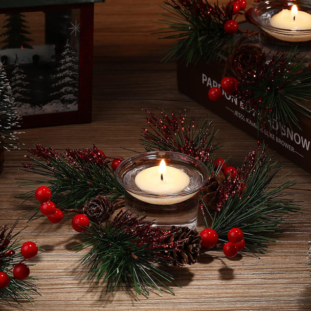 8 Pieces Christmas Candle Holders Glass Tealight Candle Rings, 4 Pieces Christmas Votive Candle Holders Berry Ring with Pinecones and 4 Pieces Votive Candle Holders for Wedding Christmas Decor