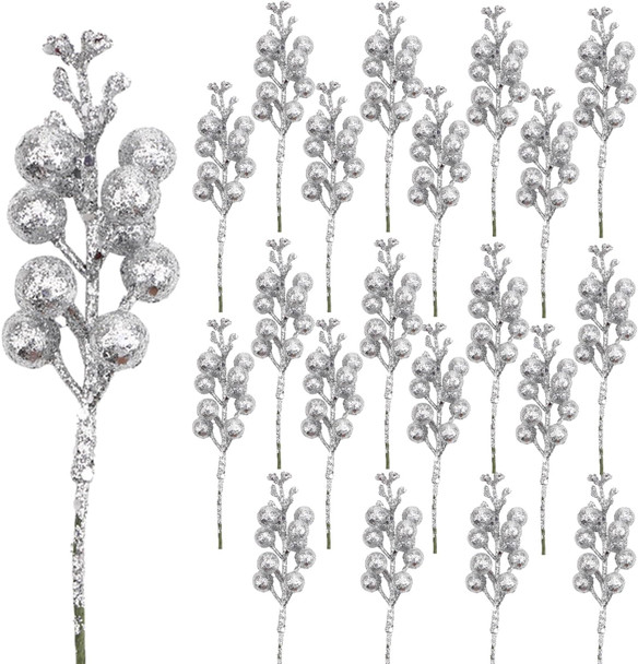 DIYASY Silvery Berry Stems for Christmas Tree Ornaments,20 Pcs 7.8 Inch Artificial Glitter Christmas Tree Picks,DIY Xmas Wreath, Holiday and Home Decoration