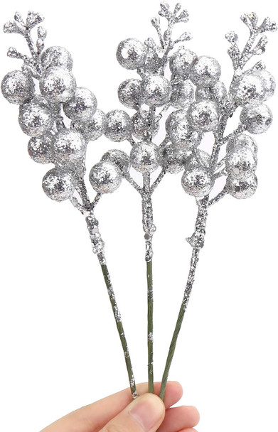 DIYASY Silvery Berry Stems for Christmas Tree Ornaments,20 Pcs 7.8 Inch Artificial Glitter Christmas Tree Picks,DIY Xmas Wreath, Holiday and Home Decoration