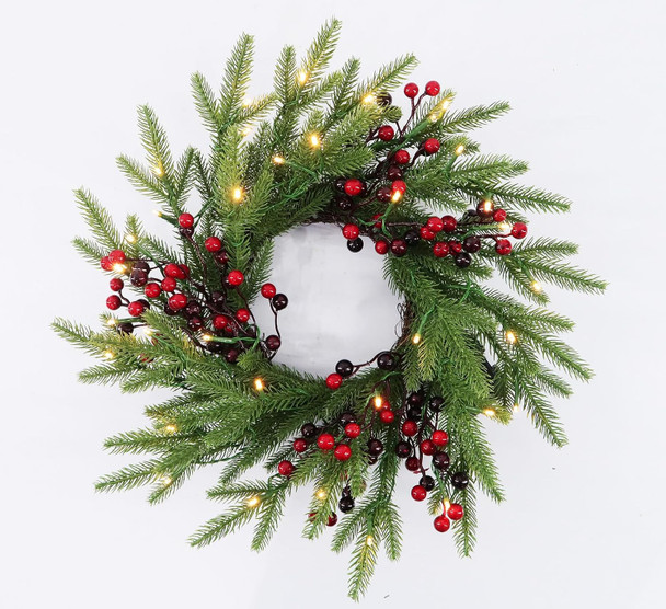Pre-Lit Christmas Wreath 20 Inches Small Battery Operated Timer Lighted Artificial Pine Berries Xmas Decorations for Christmas Festival Celebration Front Door Wall Window Party Decor