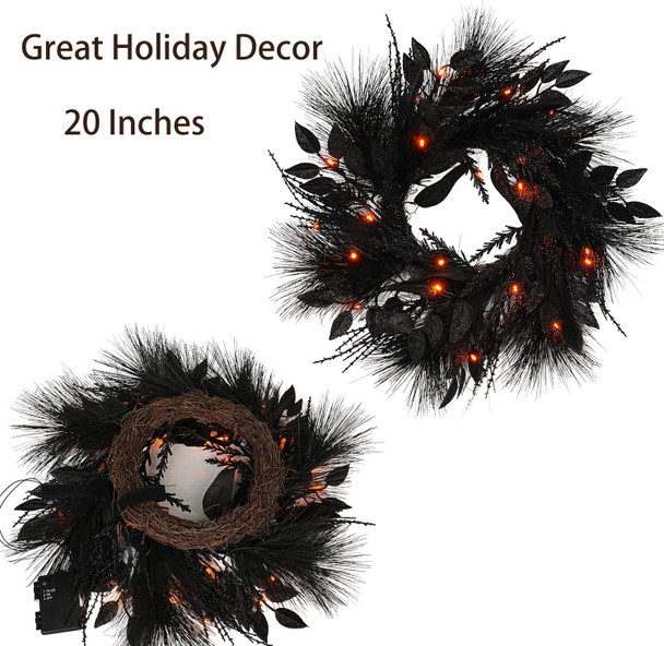 20 Inches Black Christmas Wreath Halloween Wreath Handmade Black Wreath for Front Door Porch Mantel Fireplace Window Wall Indoor Outdoor Halloween Christmas Winter Birthday Decor