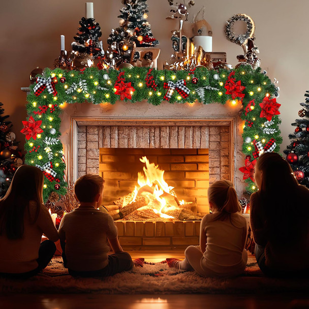 DOIOWN Christmas Garland,9Ft Prelit Christmas Garland with Lights,100 LED Christmas Decorations Garland with Berries,Bows,Pine Cones,Flowers for Stairs Indoor Outdoor Decor Battery Operated