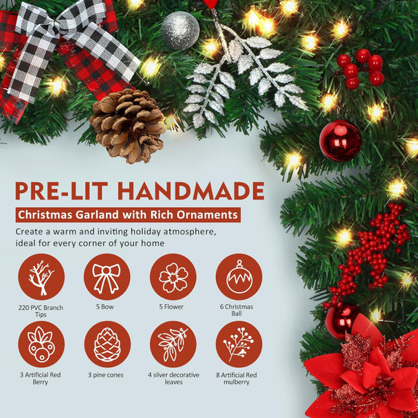 DOIOWN Christmas Garland,9Ft Prelit Christmas Garland with Lights,100 LED Christmas Decorations Garland with Berries,Bows,Pine Cones,Flowers for Stairs Indoor Outdoor Decor Battery Operated