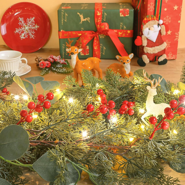 Dolicer 5.7Ft Christmas Garland with 9.8Ft Lights Strings, Eucalyptus, Red Berries, Artificial Pine Cypress Garland Greenery Garland Christmas Decorations for Winter Party Home Fireplace Wall Decor