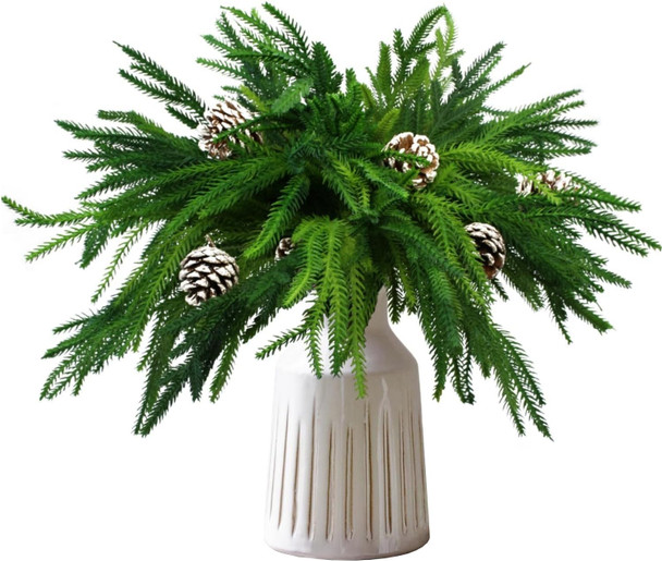 Christmas Norfolk Pine Branches, 8Pcs Christmas Greenary Stems, Real Touch Norfolk Pine Stems with 6Pcs Pine Cones Picks for Christmas Wreath Garland Home Decor (8)