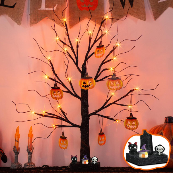 EAMBRITE Halloween Tree, 2FT Black Spooky Tree with 24 LED Orange Lights 8 Pumpkin, Battery Operated Small Tabletop Black Tree with Timer for Indoor Centerpiece Decorations Christmas Home Fireplace
