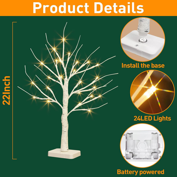 EAMBRITE Birch Tree with Led Lights, White Christmas Decorations Indoor with Timer, Lighted Mini Small Artificial Lamp Prelit Twig Tree Battery Operated for Table Centerpiece Home Decor 2Pack