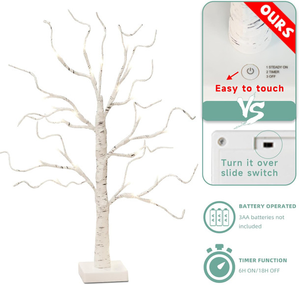 EAMBRITE Lighted Birch Tree, Christmas Tree Decorations Battery Operated/USB, Table Top Tree with Lights 24 LED, Small Light Up White Artificial Tree for Centerpiece Home Room Xmas Indoor Decor (22")