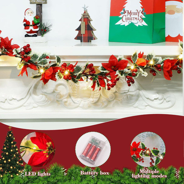 2pcs Christmas Garland with 20 LED Lights-6.5Ft Garland Christmas Decorations Indoor Multiple Mode Poinsettia Holly Per-Lit Christmas Garlands Battery Operated Garland for Mantel Stair Fireplace