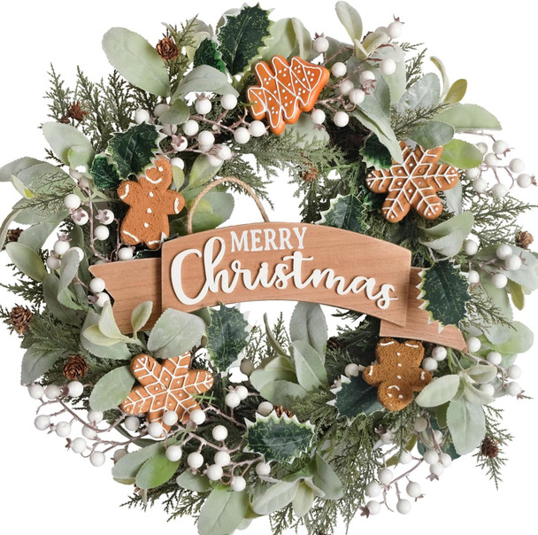24“ Christmas Wreath Winter Wreath for Front Door with Lamb's Ear Leaves Holly Leaves Berries Gingerbread Decoration Wreath for Farmhouse Indoor Outdoor Holiday Home Decor