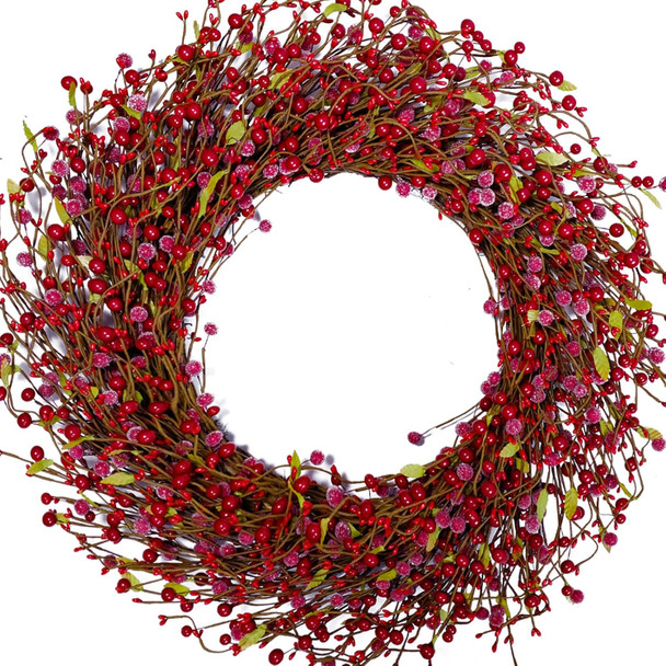 24 Inch Suger Red Berry Wreath for Winter and Christmas Home Decoration, Large Size Red Berries Wreath for Indoor and Outdoor Use, Winter Berry Wreath for Seasonal Decoration