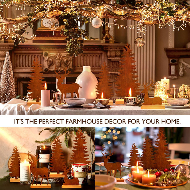 5pcs Metal Christmas Trees and Elk Decor, Vintage Evergreen Trees Table Centerpieces Farmhouse Rustic Christmas Decorations for Room Mantel Fireplace Shelf