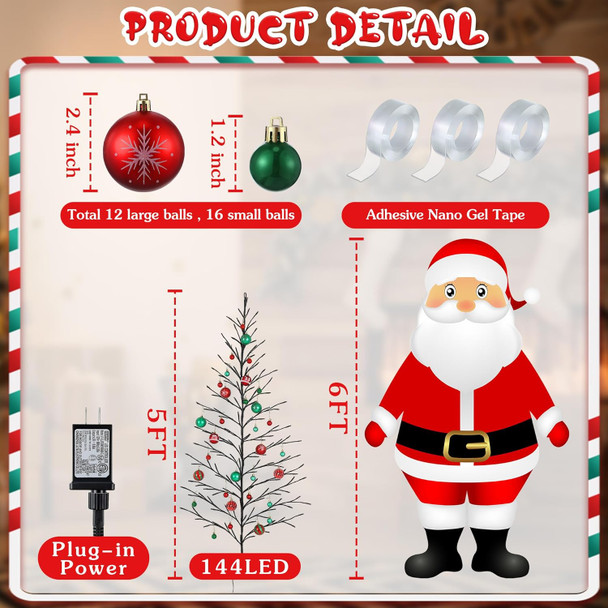 5 FT 144 LED Lighted Wall Christmas Tree with 28 Colorful Balls, Warm White Hanging Flat Wall Mounted Christmas Tree, 8 Modes Plug in Lighted Wall Christmas Decorations for Indoor Decor