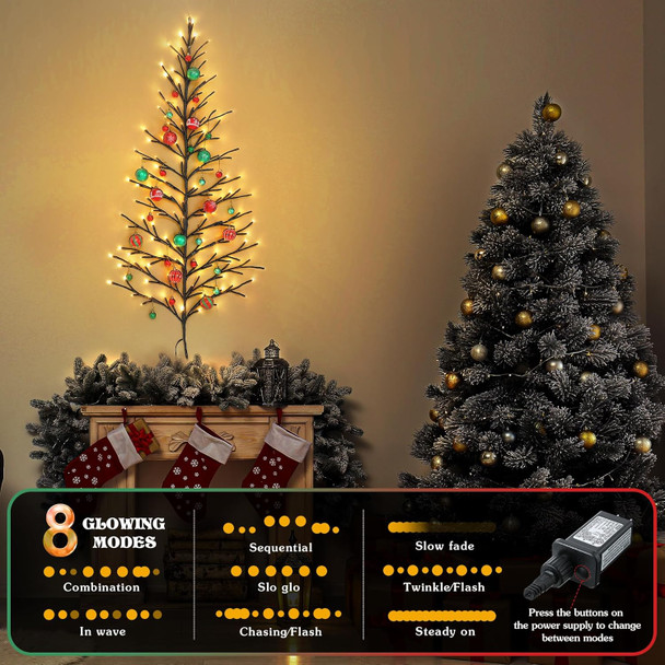 5 FT 144 LED Lighted Wall Christmas Tree with 28 Colorful Balls, Warm White Hanging Flat Wall Mounted Christmas Tree, 8 Modes Plug in Lighted Wall Christmas Decorations for Indoor Decor