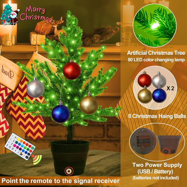 18 Colors Artificial Mini Christmas Tree, 20In Lighted Tabletop Xmas Tree with Color Changing LED Lights, Pre-Lit Small Christmas Tree in Pot Remote Timer Festive Party Holiday Fake Multicolored Tree