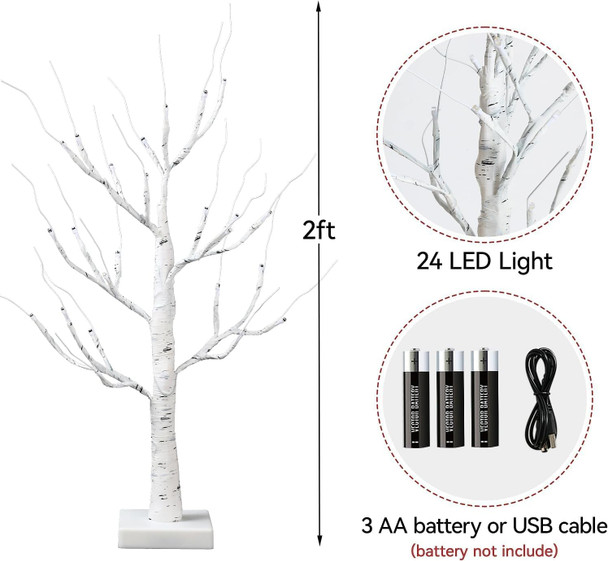 Lighted Christmas Tree for Christmas Decorations Indoor,2 Pack 2 FT Birch Tree with 24 Led Lights,Centerpiece Table Decorations for Home Decor,Fireplace Decor,Wedding,Mantle,Halloween Decorations