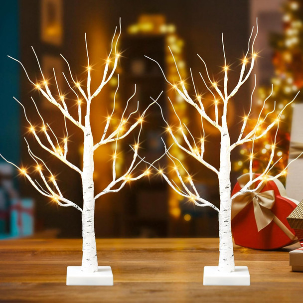 Lighted Christmas Tree for Christmas Decorations Indoor,2 Pack 2 FT Birch Tree with 24 Led Lights,Centerpiece Table Decorations for Home Decor,Fireplace Decor,Wedding,Mantle,Halloween Decorations