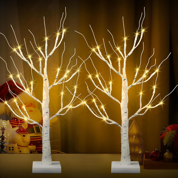 Lighted Christmas Tree for Christmas Decorations Indoor,2 Pack 2 FT Birch Tree with 24 Led Lights,Centerpiece Table Decorations for Home Decor,Fireplace Decor,Wedding,Mantle,Halloween Decorations