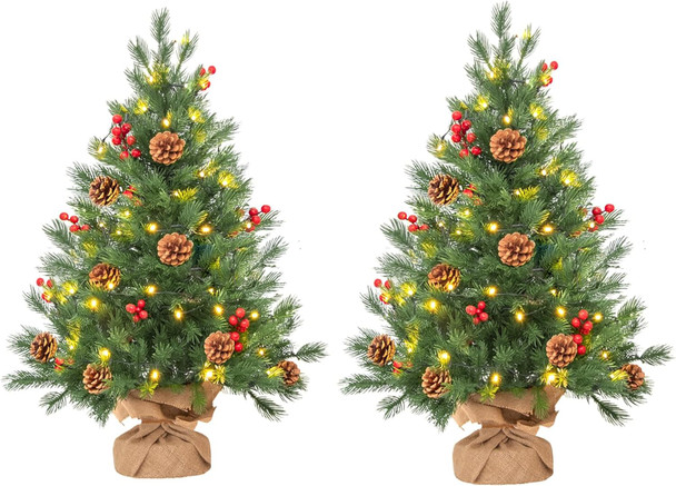 Mini Christmas Tree 24" Small Tabletop Artificial Xmas Tree 2 FT with 50 LED Lights & 8 Lighting Modes Battery-Operated Christmas Decor Ornaments & Cement Base 2 Feet (2)