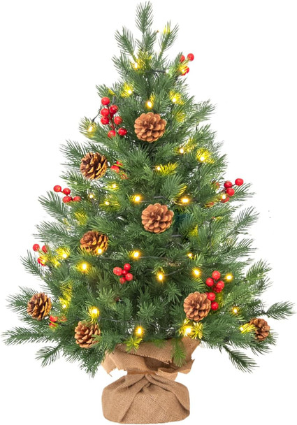 Mini Christmas Tree Small Tabletop Artificial Xmas Tree 2 FT 8 Lighting Modes, Battery-Operated Christmas Decor Ornaments Cement Base