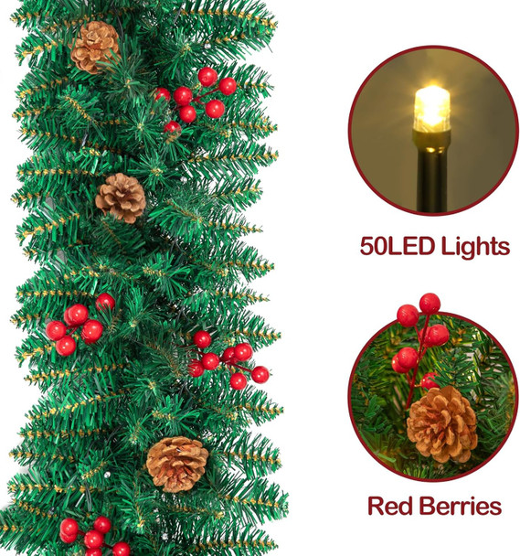 9FT Christmas Garland, Pre-lit Artificial Xmas Garland Decorations Greenery with Berries Cones, Warm White 50 LED Lights, Lighted for Indoor Outdoor Garden Gate Home Winter Holiday Year