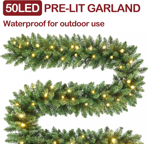 9FT Prelit Christmas Garland Artificial Pine Garland Decoration 50LED Battery Operated Warm Lights and Timer Xmas Garlands Decor Indoor Outdoor (1)