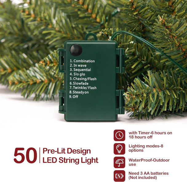 9FT Prelit Christmas Garland Artificial Pine Garland Decoration 50LED Battery Operated Warm Lights and Timer Xmas Garlands Decor Indoor Outdoor (1)