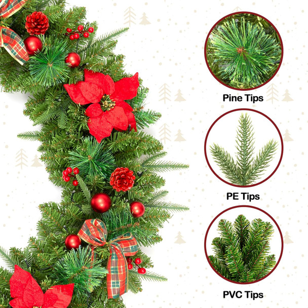 Prelit 9FT Christmas Garland with Berries and Balls,Pine Cone,Golden Flower and 50 Battery Operated Soft White LED Lights with Timer,Artificial Holiday Decoration Door Outdoor (Red)