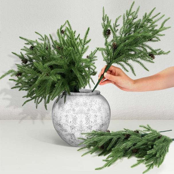 10 Pcs 18" Real Touch Norfolk Pine Stems Branches with Pine Cone Norfolk Pine Artificial Christmas Branches DIY Crafts Faux Christmas Norfolk Pine Branches for Xmas Indoor Outdoor Home Decor